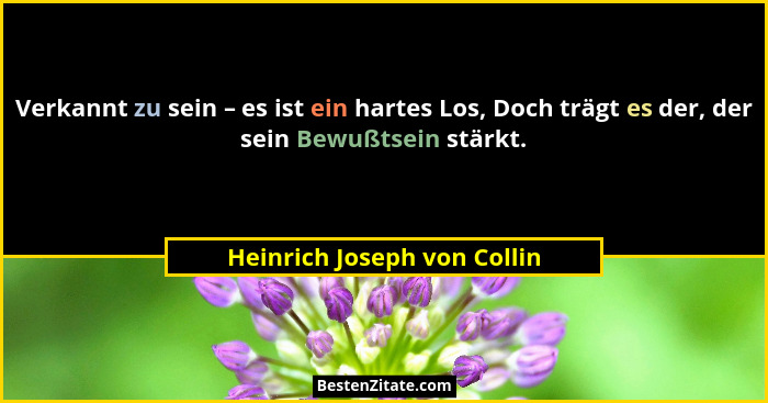 Verkannt zu sein – es ist ein hartes Los, Doch trägt es der, der sein Bewußtsein stärkt.... - Heinrich Joseph von Collin