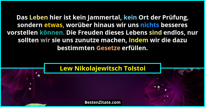 Das Leben hier ist kein Jammertal, kein Ort der Prüfung, sondern etwas, worüber hinaus wir uns nichts besseres vorstellen... - Lew Nikolajewitsch Tolstoi