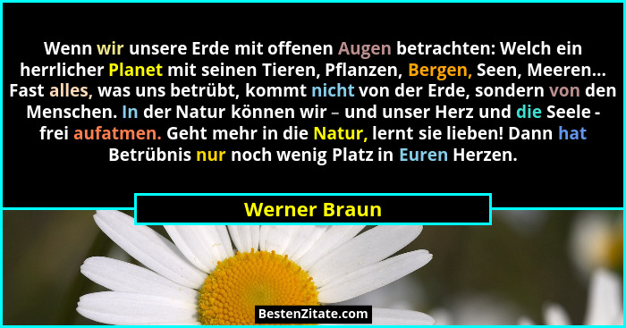 Wenn wir unsere Erde mit offenen Augen betrachten: Welch ein herrlicher Planet mit seinen Tieren, Pflanzen, Bergen, Seen, Meeren... Fas... - Werner Braun