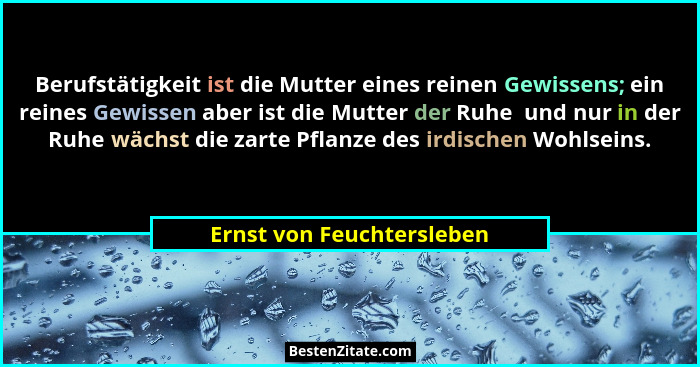 Berufstätigkeit ist die Mutter eines reinen Gewissens; ein reines Gewissen aber ist die Mutter der Ruhe  und nur in der Ruh... - Ernst von Feuchtersleben