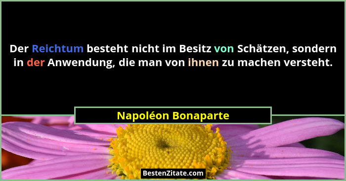 Der Reichtum besteht nicht im Besitz von Schätzen, sondern in der Anwendung, die man von ihnen zu machen versteht.... - Napoléon Bonaparte