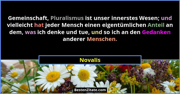 Gemeinschaft, Pluralismus ist unser innerstes Wesen; und vielleicht hat jeder Mensch einen eigentümlichen Anteil an dem, was ich denke und t... - Novalis