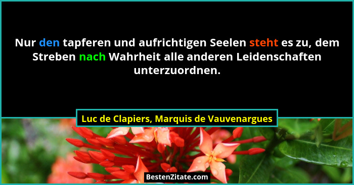 Nur den tapferen und aufrichtigen Seelen steht es zu, dem Streben nach Wahrheit alle anderen Leidenschaften... - Luc de Clapiers, Marquis de Vauvenargues