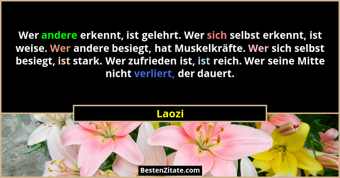 Wer andere erkennt, ist gelehrt. Wer sich selbst erkennt, ist weise. Wer andere besiegt, hat Muskelkräfte. Wer sich selbst besiegt, ist stark.... - Laozi