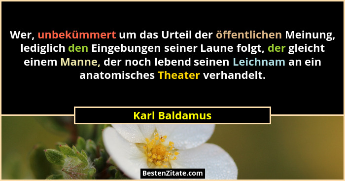 Wer, unbekümmert um das Urteil der öffentlichen Meinung, lediglich den Eingebungen seiner Laune folgt, der gleicht einem Manne, der no... - Karl Baldamus