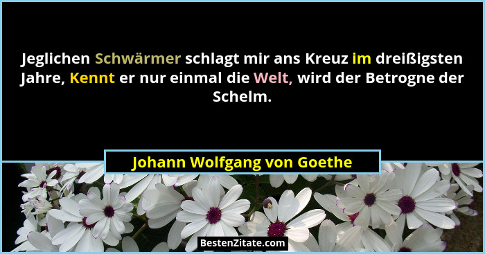 Jeglichen Schwärmer schlagt mir ans Kreuz im dreißigsten Jahre, Kennt er nur einmal die Welt, wird der Betrogne der Schel... - Johann Wolfgang von Goethe
