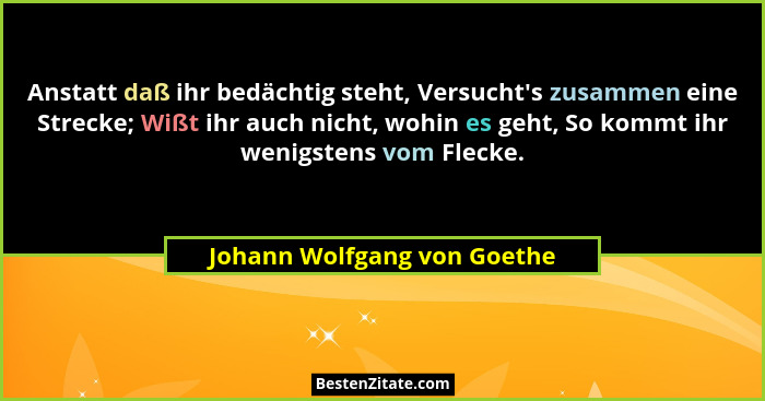 Anstatt daß ihr bedächtig steht, Versucht's zusammen eine Strecke; Wißt ihr auch nicht, wohin es geht, So kommt ihr w... - Johann Wolfgang von Goethe