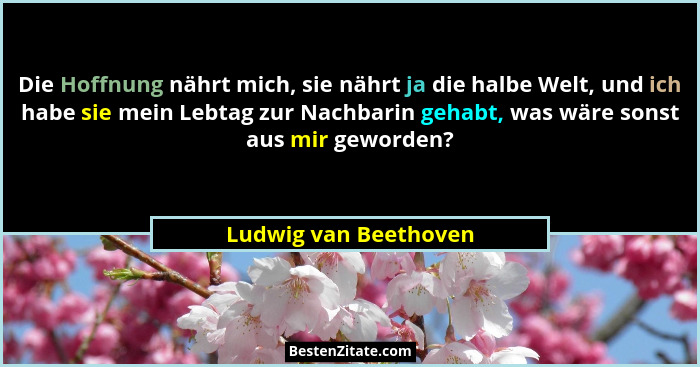 Die Hoffnung nährt mich, sie nährt ja die halbe Welt, und ich habe sie mein Lebtag zur Nachbarin gehabt, was wäre sonst aus mir... - Ludwig van Beethoven