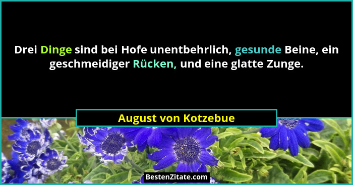 Drei Dinge sind bei Hofe unentbehrlich, gesunde Beine, ein geschmeidiger Rücken, und eine glatte Zunge.... - August von Kotzebue