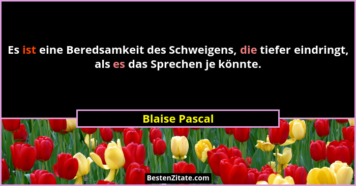 Es ist eine Beredsamkeit des Schweigens, die tiefer eindringt, als es das Sprechen je könnte.... - Blaise Pascal