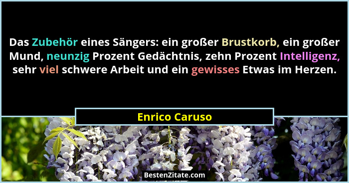 Das Zubehör eines Sängers: ein großer Brustkorb, ein großer Mund, neunzig Prozent Gedächtnis, zehn Prozent Intelligenz, sehr viel schw... - Enrico Caruso