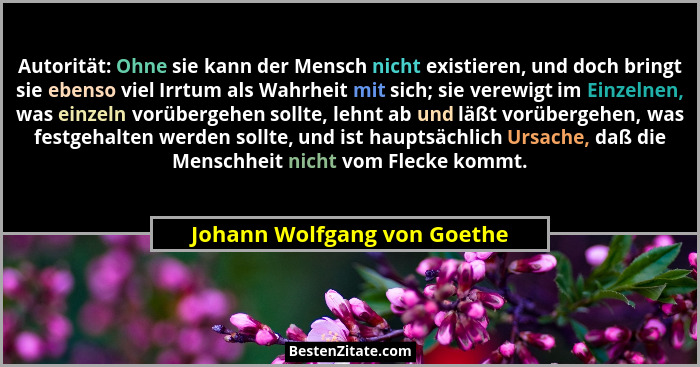 Autorität: Ohne sie kann der Mensch nicht existieren, und doch bringt sie ebenso viel Irrtum als Wahrheit mit sich; sie v... - Johann Wolfgang von Goethe