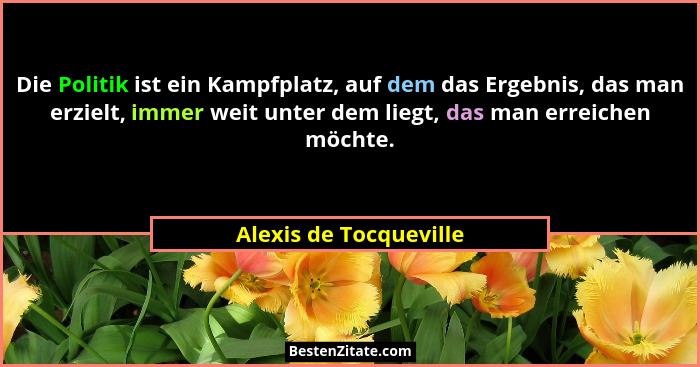 Die Politik ist ein Kampfplatz, auf dem das Ergebnis, das man erzielt, immer weit unter dem liegt, das man erreichen möchte.... - Alexis de Tocqueville
