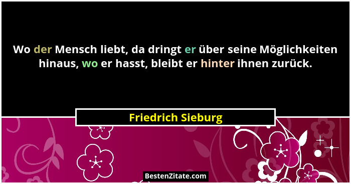 Wo der Mensch liebt, da dringt er über seine Möglichkeiten hinaus, wo er hasst, bleibt er hinter ihnen zurück.... - Friedrich Sieburg