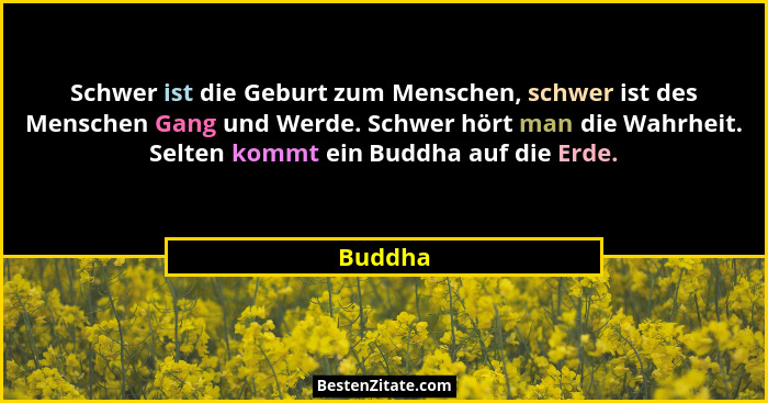 Schwer ist die Geburt zum Menschen, schwer ist des Menschen Gang und Werde. Schwer hört man die Wahrheit. Selten kommt ein Buddha auf die Erd... - Buddha