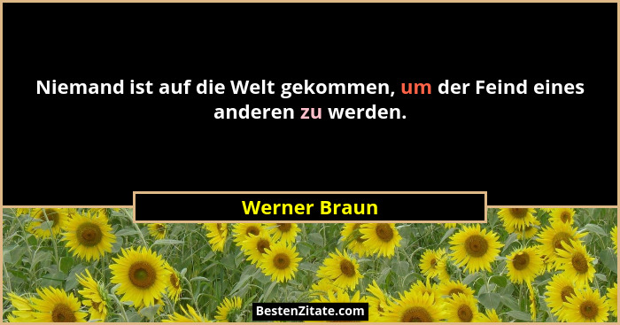 Niemand ist auf die Welt gekommen, um der Feind eines anderen zu werden.... - Werner Braun