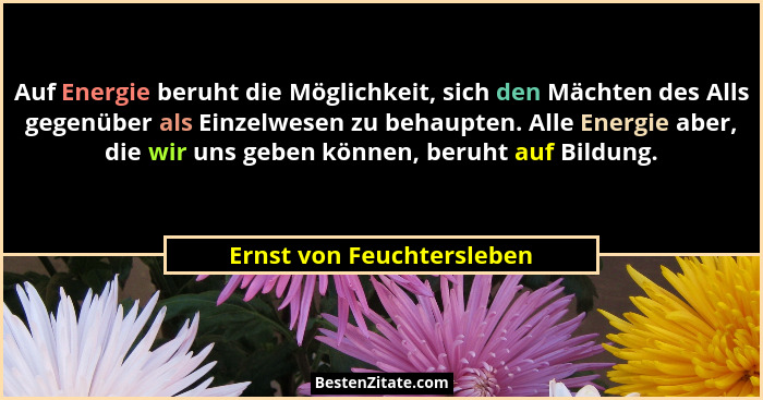 Auf Energie beruht die Möglichkeit, sich den Mächten des Alls gegenüber als Einzelwesen zu behaupten. Alle Energie aber, di... - Ernst von Feuchtersleben