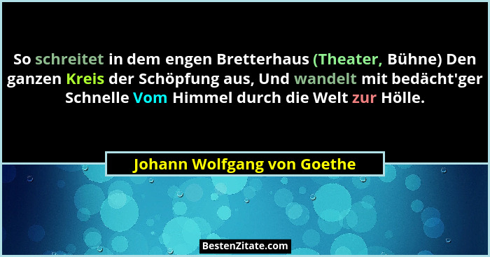 So schreitet in dem engen Bretterhaus (Theater, Bühne) Den ganzen Kreis der Schöpfung aus, Und wandelt mit bedächt'ge... - Johann Wolfgang von Goethe