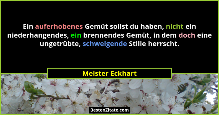 Ein auferhobenes Gemüt sollst du haben, nicht ein niederhangendes, ein brennendes Gemüt, in dem doch eine ungetrübte, schweigende St... - Meister Eckhart