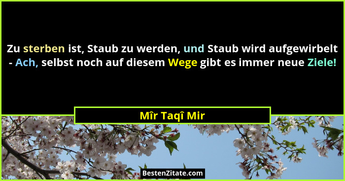 Zu sterben ist, Staub zu werden, und Staub wird aufgewirbelt - Ach, selbst noch auf diesem Wege gibt es immer neue Ziele!... - Mîr Taqî Mir