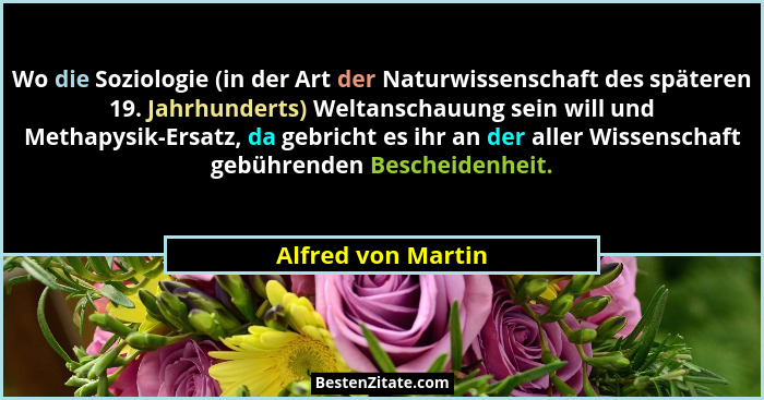Wo die Soziologie (in der Art der Naturwissenschaft des späteren 19. Jahrhunderts) Weltanschauung sein will und Methapysik-Ersatz,... - Alfred von Martin