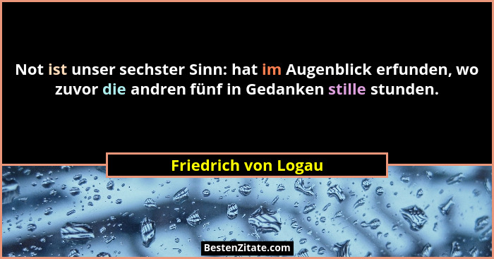 Not ist unser sechster Sinn: hat im Augenblick erfunden, wo zuvor die andren fünf in Gedanken stille stunden.... - Friedrich von Logau