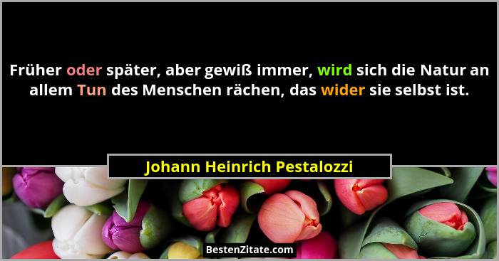 Früher oder später, aber gewiß immer, wird sich die Natur an allem Tun des Menschen rächen, das wider sie selbst ist.... - Johann Heinrich Pestalozzi