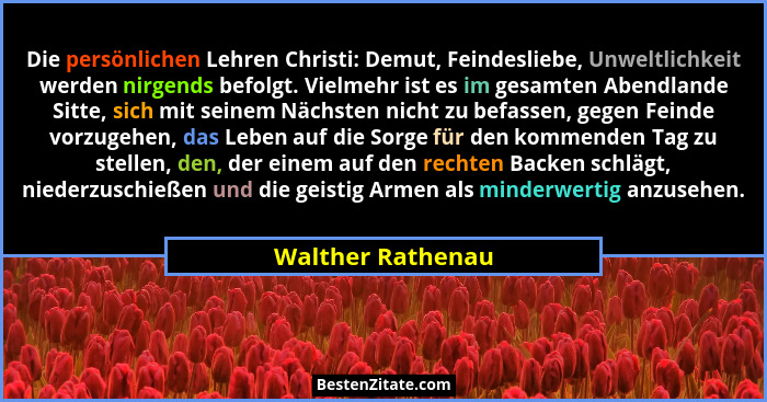 Die persönlichen Lehren Christi: Demut, Feindesliebe, Unweltlichkeit werden nirgends befolgt. Vielmehr ist es im gesamten Abendland... - Walther Rathenau