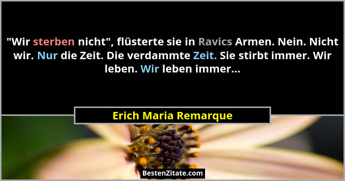 "Wir sterben nicht", flüsterte sie in Ravics Armen. Nein. Nicht wir. Nur die Zeit. Die verdammte Zeit. Sie stirbt immer... - Erich Maria Remarque