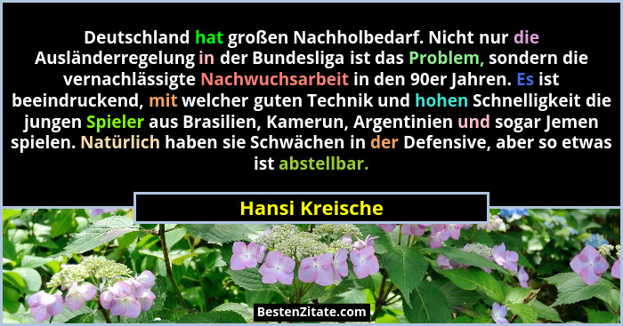 Deutschland hat großen Nachholbedarf. Nicht nur die Ausländerregelung in der Bundesliga ist das Problem, sondern die vernachlässigte... - Hansi Kreische