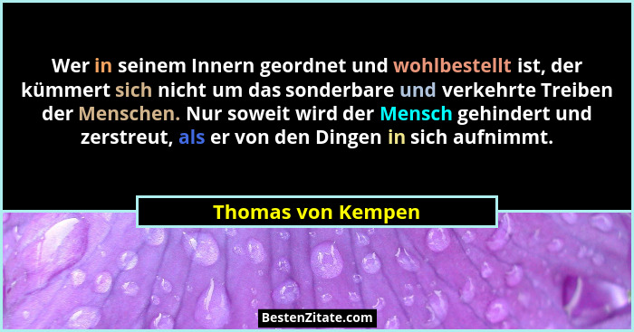 Wer in seinem Innern geordnet und wohlbestellt ist, der kümmert sich nicht um das sonderbare und verkehrte Treiben der Menschen. N... - Thomas von Kempen