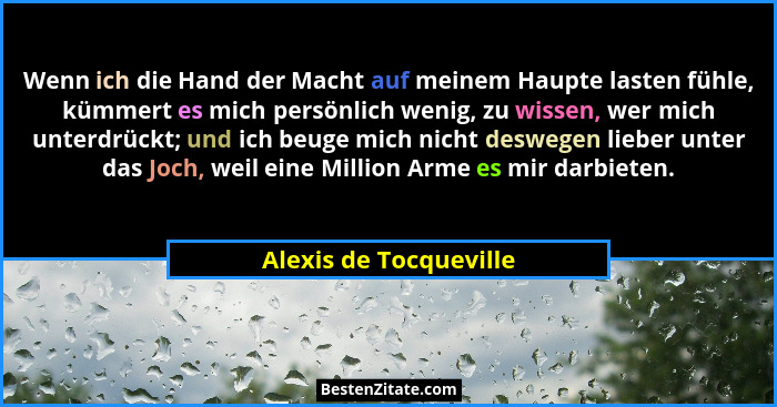 Wenn ich die Hand der Macht auf meinem Haupte lasten fühle, kümmert es mich persönlich wenig, zu wissen, wer mich unterdrückt;... - Alexis de Tocqueville