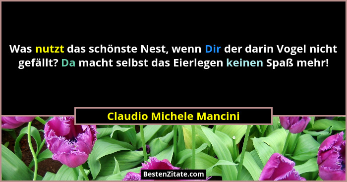 Was nutzt das schönste Nest, wenn Dir der darin Vogel nicht gefällt? Da macht selbst das Eierlegen keinen Spaß mehr!... - Claudio Michele Mancini