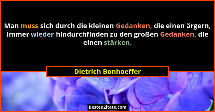 Man muss sich durch die kleinen Gedanken, die einen ärgern, immer wieder hindurchfinden zu den großen Gedanken, die einen stärke... - Dietrich Bonhoeffer