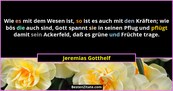 Wie es mit dem Wesen ist, so ist es auch mit den Kräften; wie bös die auch sind, Gott spannt sie in seinen Pflug und pflügt damit... - Jeremias Gotthelf