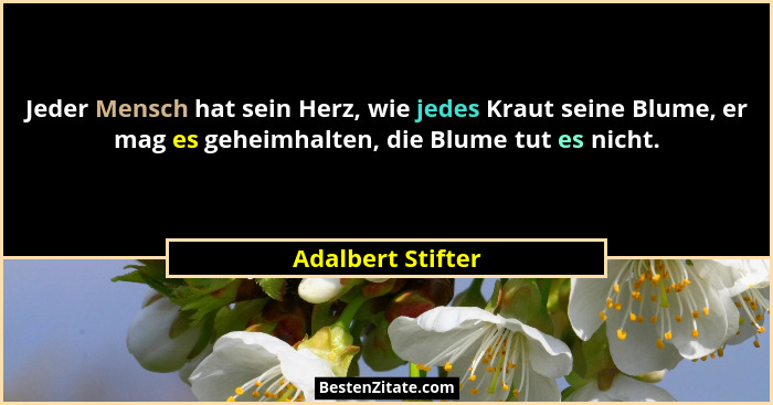 Jeder Mensch hat sein Herz, wie jedes Kraut seine Blume, er mag es geheimhalten, die Blume tut es nicht.... - Adalbert Stifter