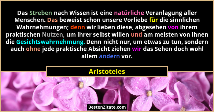 Das Streben nach Wissen ist eine natürliche Veranlagung aller Menschen. Das beweist schon unsere Vorliebe für die sinnlichen Wahrnehmung... - Aristoteles