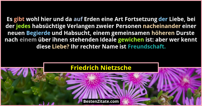 Es gibt wohl hier und da auf Erden eine Art Fortsetzung der Liebe, bei der jedes habsüchtige Verlangen zweier Personen nacheinan... - Friedrich Nietzsche