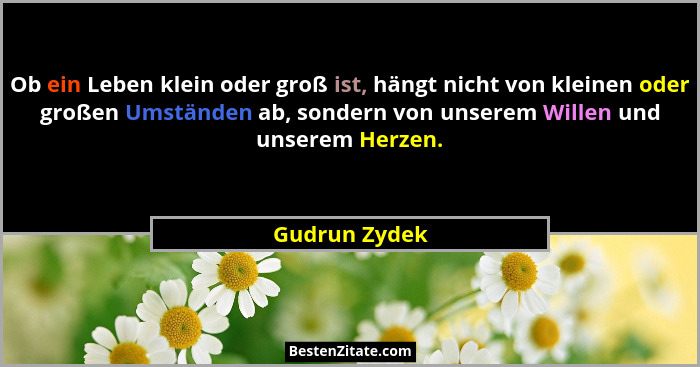 Ob ein Leben klein oder groß ist, hängt nicht von kleinen oder großen Umständen ab, sondern von unserem Willen und unserem Herzen.... - Gudrun Zydek