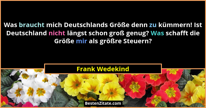 Was braucht mich Deutschlands Größe denn zu kümmern! Ist Deutschland nicht längst schon groß genug? Was schafft die Größe mir als grö... - Frank Wedekind
