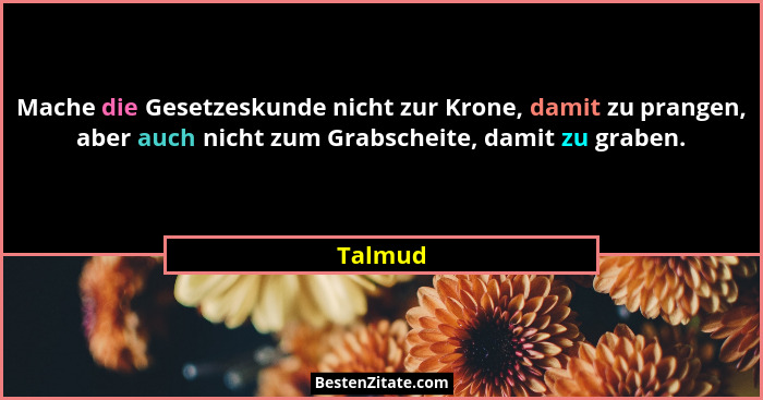 Mache die Gesetzeskunde nicht zur Krone, damit zu prangen, aber auch nicht zum Grabscheite, damit zu graben.... - Talmud