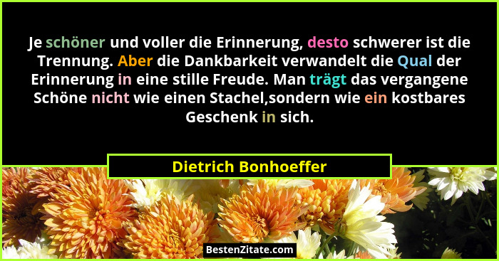 Je schöner und voller die Erinnerung, desto schwerer ist die Trennung. Aber die Dankbarkeit verwandelt die Qual der Erinnerung i... - Dietrich Bonhoeffer