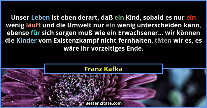 Unser Leben ist eben derart, daß ein Kind, sobald es nur ein wenig läuft und die Umwelt nur ein wenig unterscheiden kann, ebenso für sic... - Franz Kafka