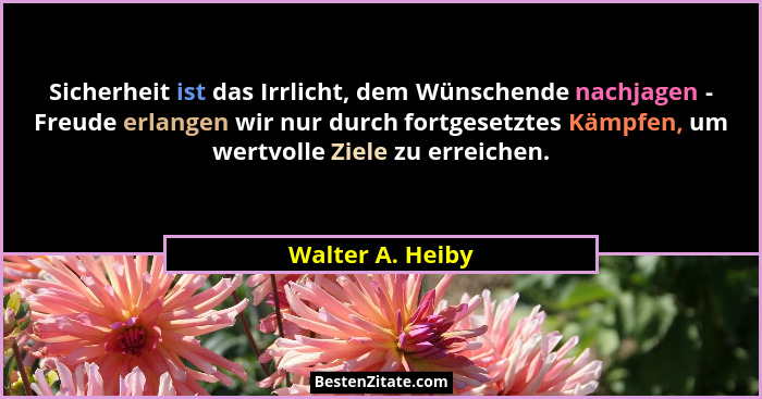 Sicherheit ist das Irrlicht, dem Wünschende nachjagen - Freude erlangen wir nur durch fortgesetztes Kämpfen, um wertvolle Ziele zu e... - Walter A. Heiby