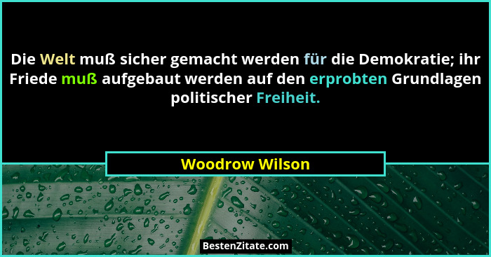 Die Welt muß sicher gemacht werden für die Demokratie; ihr Friede muß aufgebaut werden auf den erprobten Grundlagen politischer Freih... - Woodrow Wilson