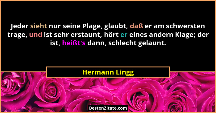 Jeder sieht nur seine Plage, glaubt, daß er am schwersten trage, und ist sehr erstaunt, hört er eines andern Klage; der ist, heißt'... - Hermann Lingg