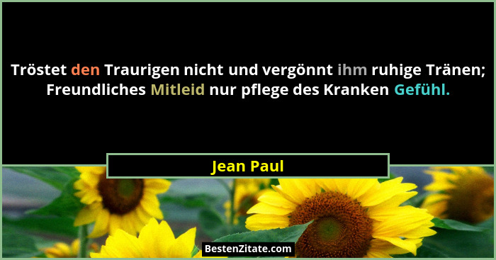 Tröstet den Traurigen nicht und vergönnt ihm ruhige Tränen; Freundliches Mitleid nur pflege des Kranken Gefühl.... - Jean Paul