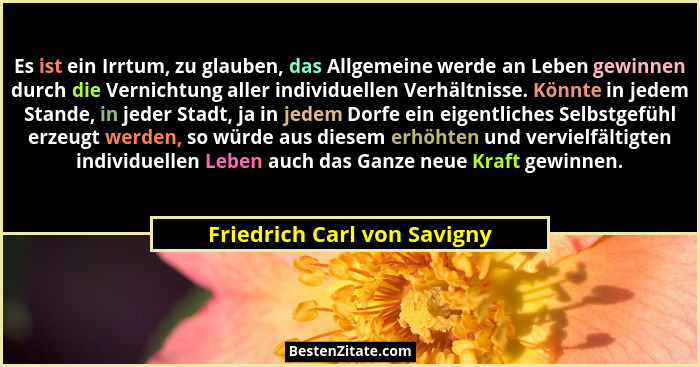 Es ist ein Irrtum, zu glauben, das Allgemeine werde an Leben gewinnen durch die Vernichtung aller individuellen Verhältni... - Friedrich Carl von Savigny