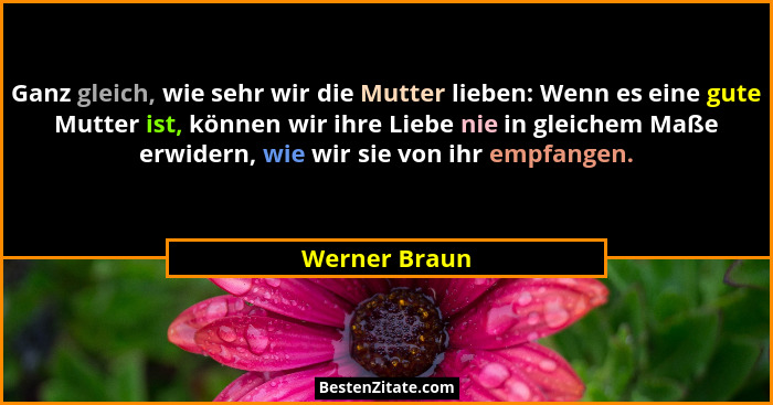Ganz gleich, wie sehr wir die Mutter lieben: Wenn es eine gute Mutter ist, können wir ihre Liebe nie in gleichem Maße erwidern, wie wir... - Werner Braun
