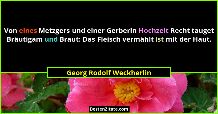 Von eines Metzgers und einer Gerberin Hochzeit Recht tauget Bräutigam und Braut: Das Fleisch vermählt ist mit der Haut.... - Georg Rodolf Weckherlin
